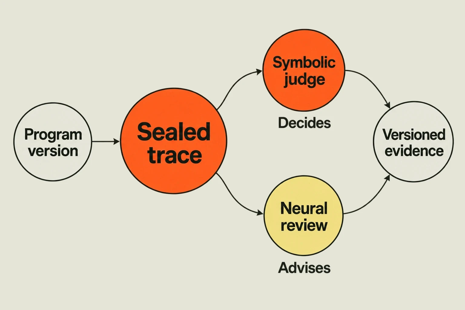 A program version produces a sealed trace. A symbolic judge checks declarations against that trace and decides the mechanical verdict. A separate neural review grades the conversation against the plain-language need and advises. Both contribute evidence tied to the tested program version. Static validation and scripted scenario replay also run without neural work.